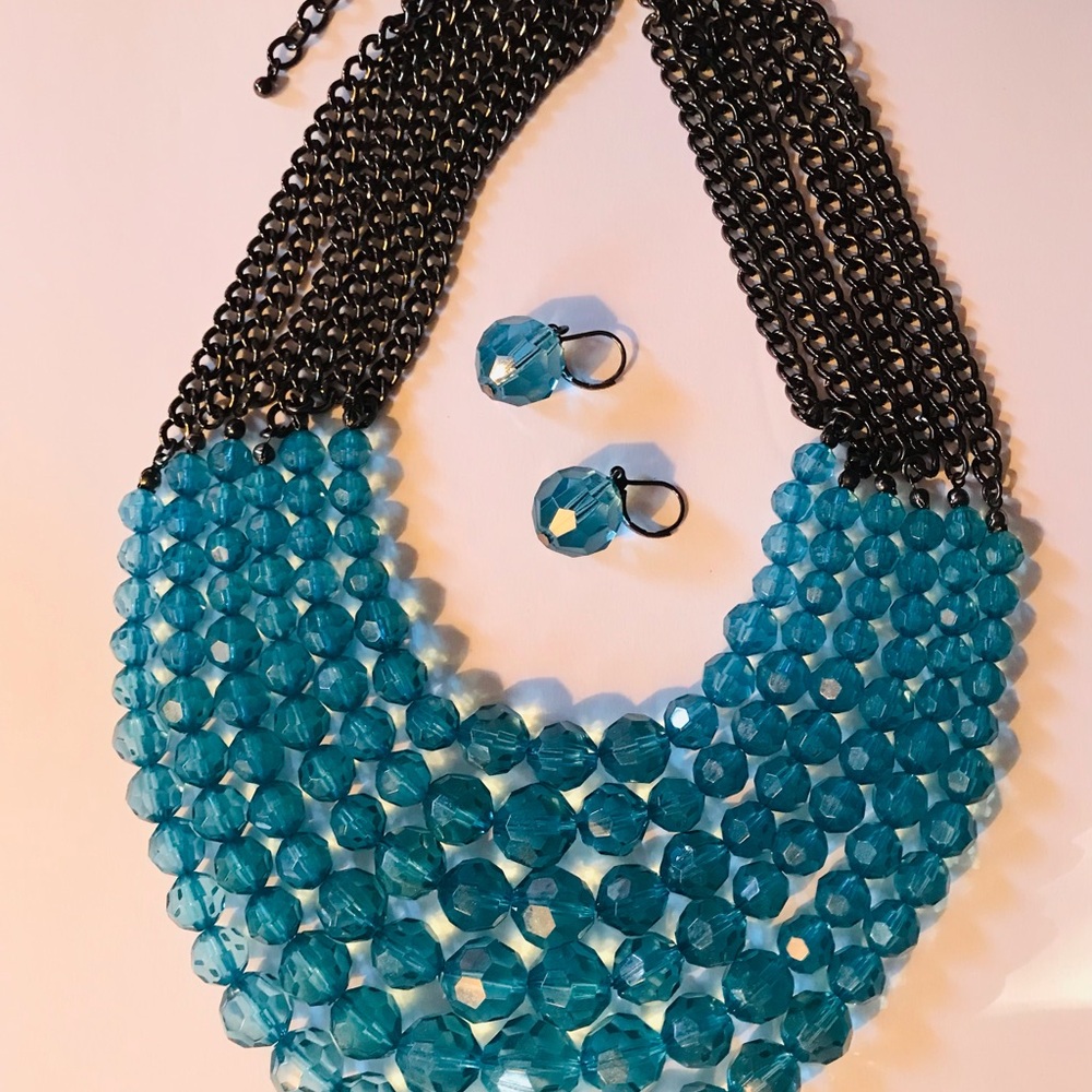 Joan Rivers - Ocean Blue and Gun-Metal Multi-Strand Necklace with Earrings